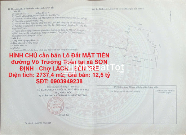 Chính chủ cần bán lô đất mặt tiền đường võ trường toản tại xã sơn định - chợ lách - bến tre
