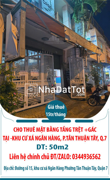 Cho thuê mặt bằng tầng trệt +gác 50m2 tại -khu cư xá ngân hàng, p.tân thuận tây