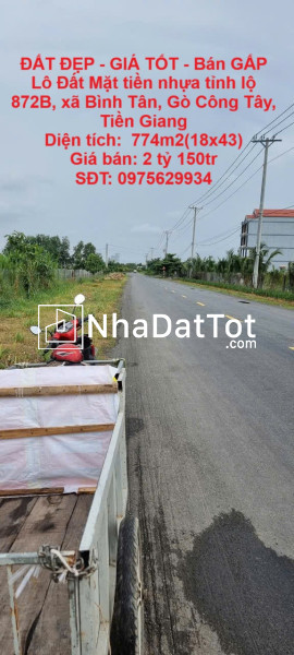 Đất đẹp - giá tốt - bán gấp lô đất mặt tiền nhựa tỉnh lộ 872b, xã bình tân, gò công tây, tiền giang