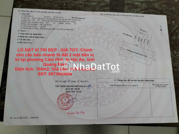 Lô đất vị trí đẹp - giá tốt- chính chủ cần bán nhanh lô đất 2 mặt tiền vị trí tại tp hội an, tỉnh