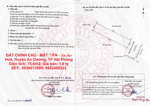 Đất chính chủ - mặt tiền - xã an hoà, huyện an dương, tp hải phòng